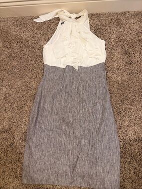 BCX Ivory Ruffle Halter Dress with Gray Pencil Skirt